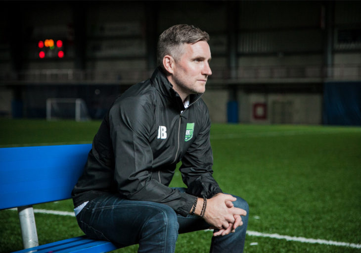 York 9 FC head coach Jimmy Brennan, watching from the sidelines.
