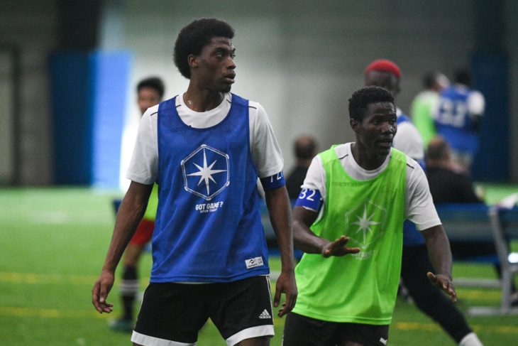 Duwayne Ewart (L) during Day 1 of the CPL Open Trials in Toronto. (Martin Bazyl, Canadian Premier League)