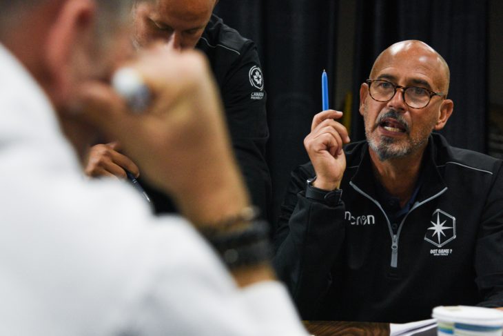HFX Wanderers coach Stephen Hart speaks up during last week's Open Trials in Toronto. (Martin Bazyl, CPL)