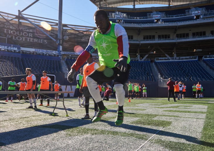 Prince Amara during Day 1 of the Open Trials in Winnipeg. (David Lipnowski, CPL)
