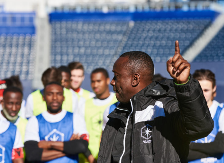 Alex Bunbury speaks with trialists during last week's event in Winnipeg. (CPL)